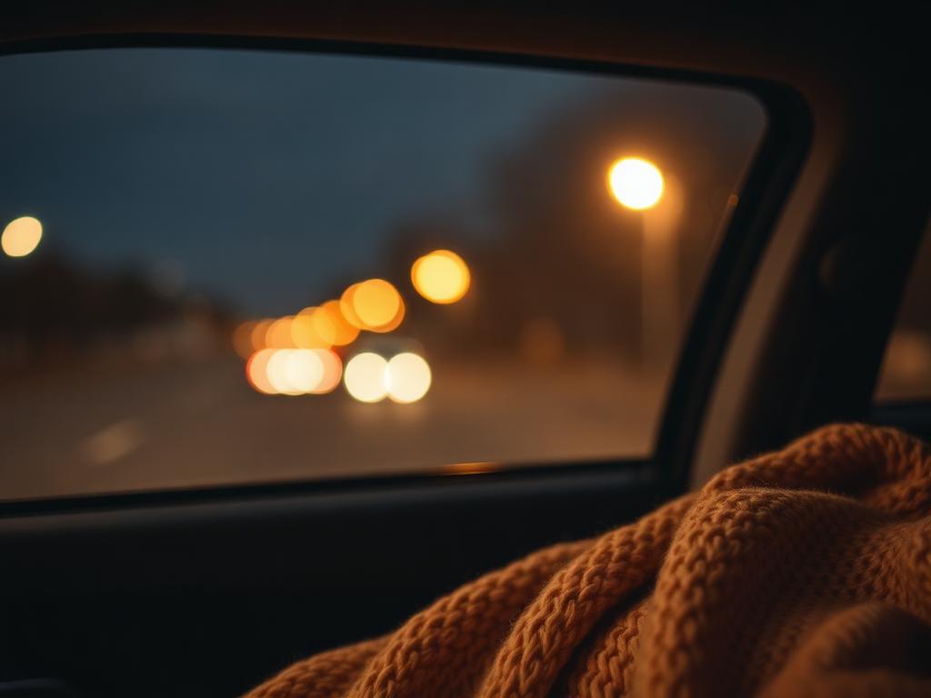 Warm streetlight glow door autoraam met gebreide deken op schoot