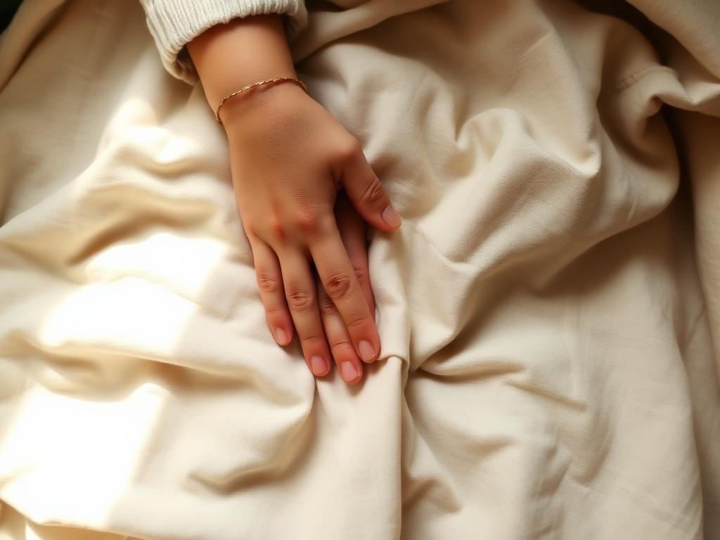 Hand van ouder houdt zacht kinderhand vast op een linnen deken